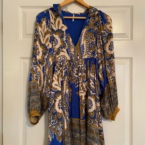 NWT Free People Boho Blue Gold Mini Dress Tunic